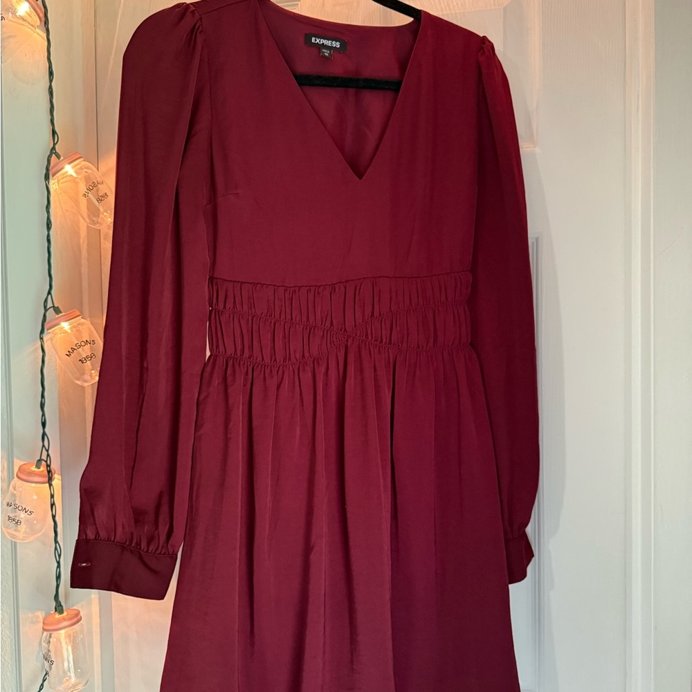 Express Red Smocked Long Sleeve V-Neck Dress